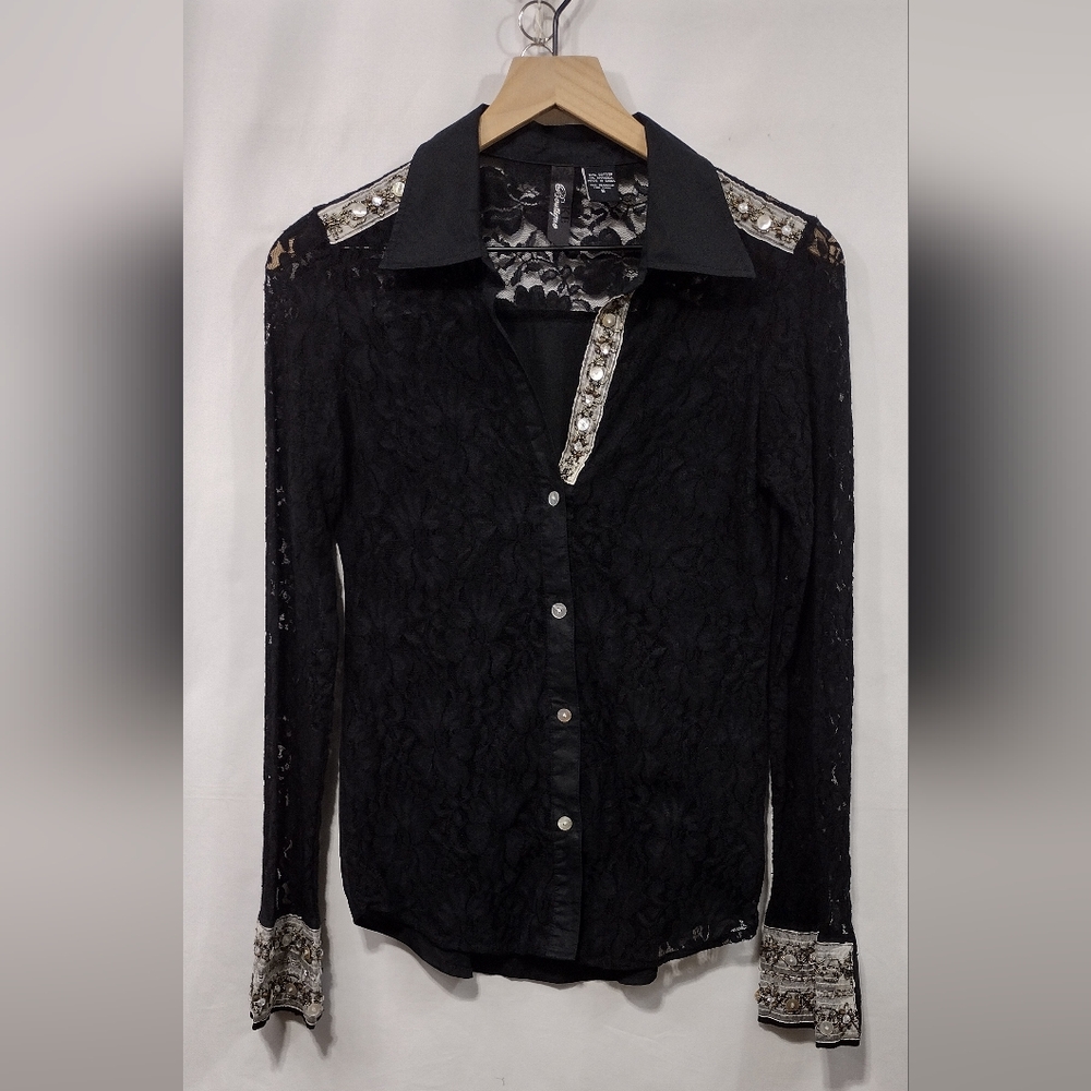 BKE Lace Floral Embellished Button Shirt Womens S Black Silver Boho Retro 90s